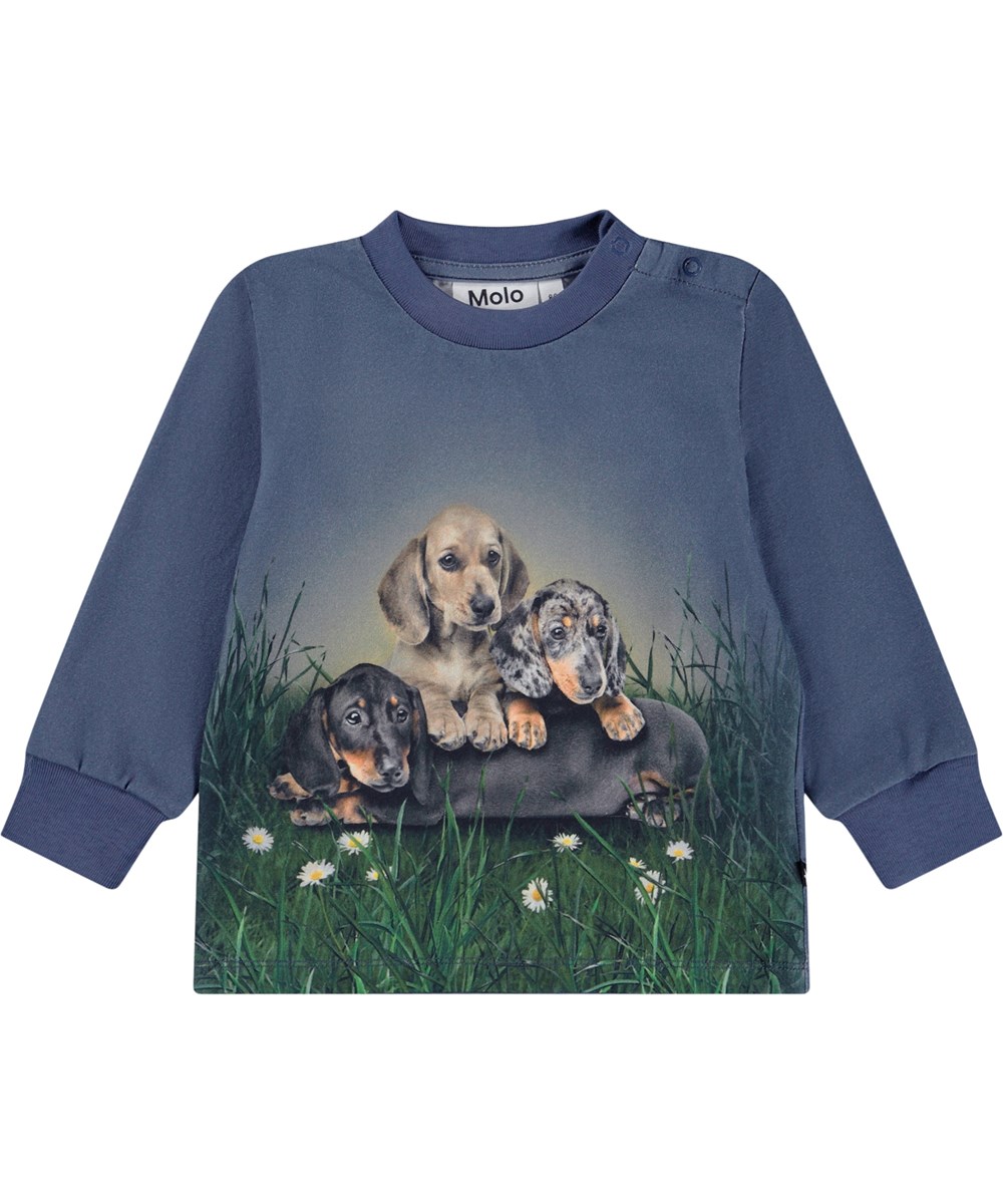 Eloy - Dachshund Cubs - Dark blue long-sleeved top for the little ones made of organic cotton jersey with a print of a dachshund.