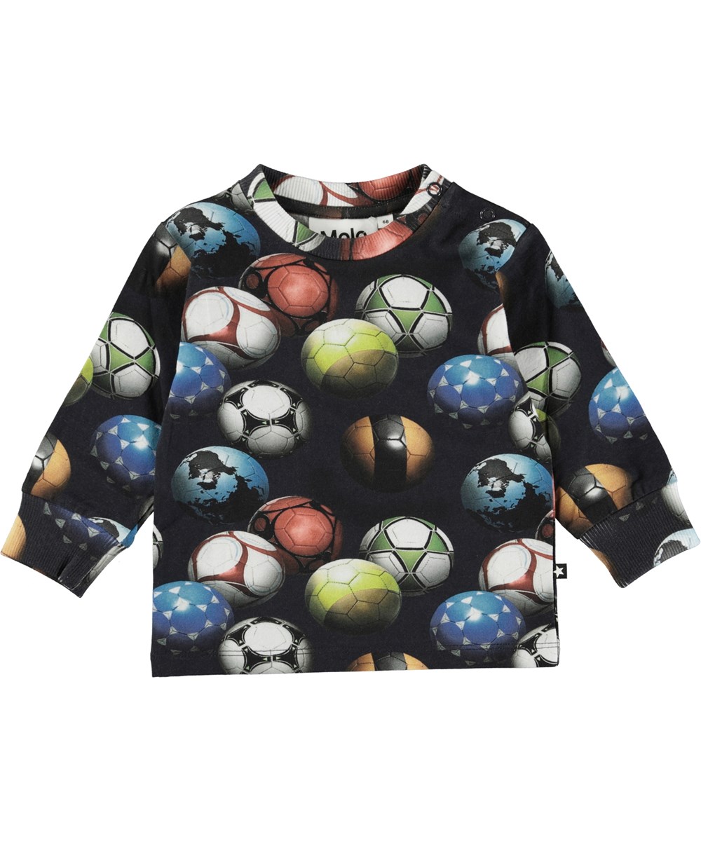 Eloy - Footballs Blue - Black organic baby top with football print