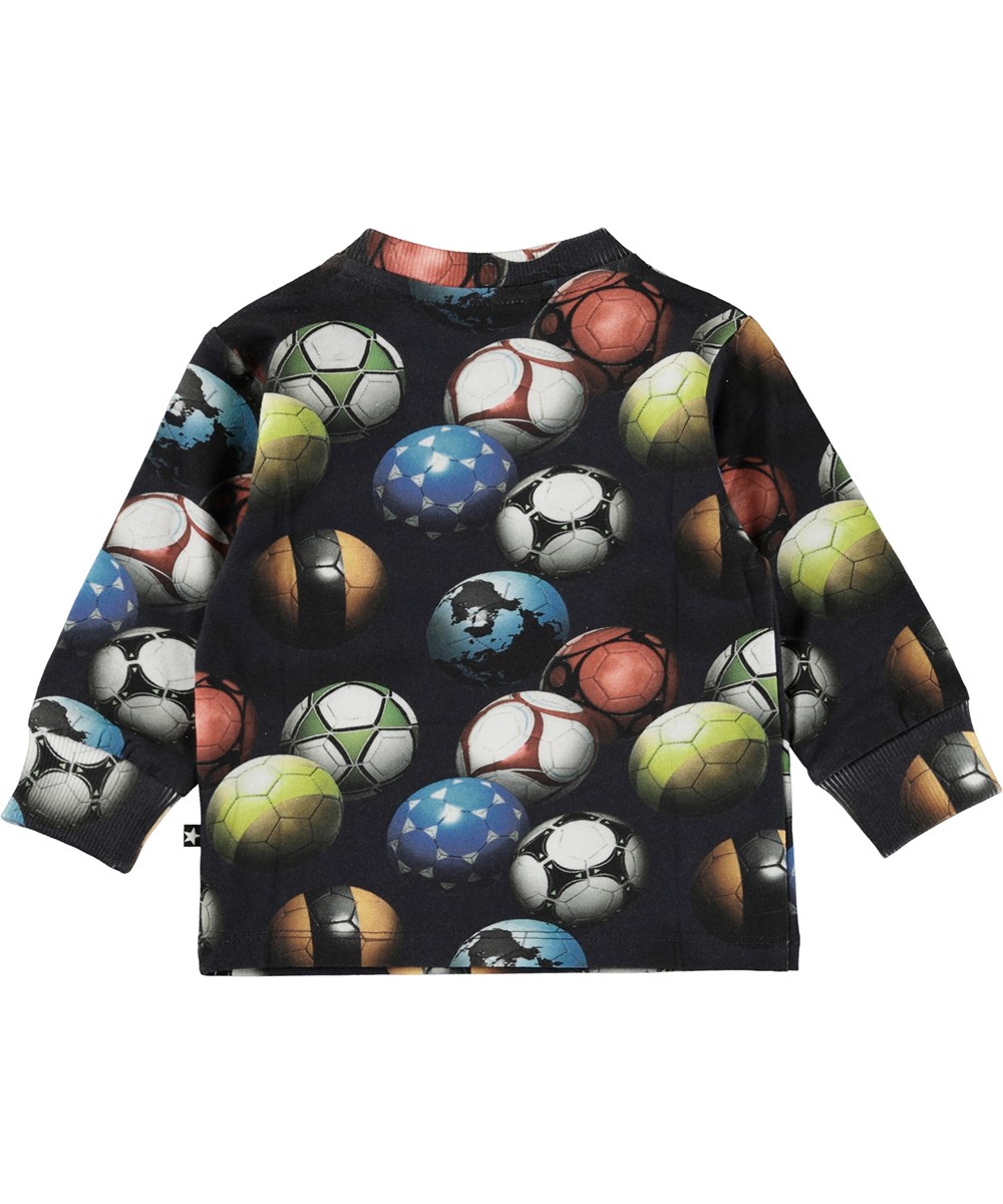 Eloy - Footballs Blue - Black organic baby top with football print