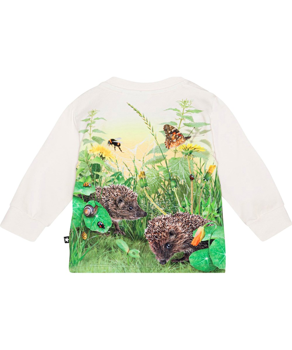 Eloy - Living Garden - Long sleeve, off-white top for small children in organic cotton jersey with a print of a porcupine and instects in green grass
