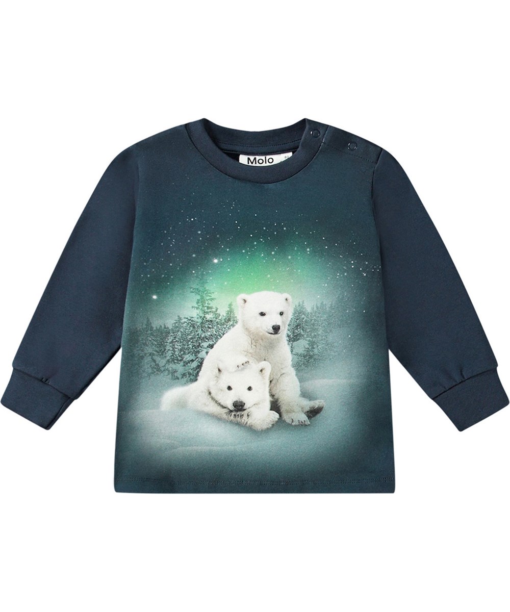 Eloy - Polar Bear Cubs - Dark blue organic cotton jersey top with long sleeves and placed polar bear print.