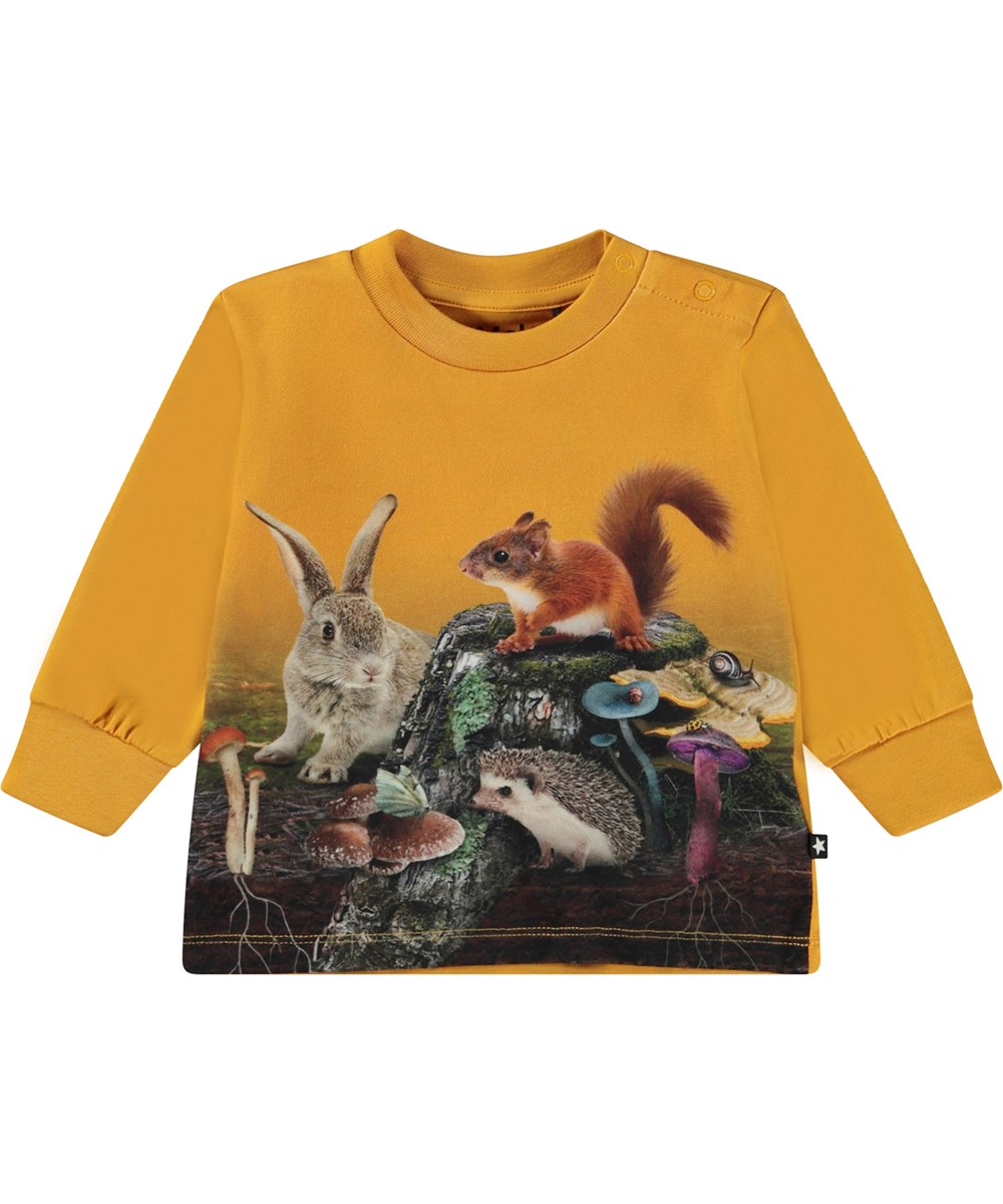 Eloy - Stump Friends - Orange organic baby top with placement print of the forest floor