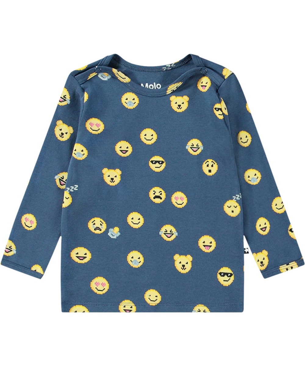 Enzi - Pixel Smiles - Dark blue organic cotton jersey top with pixel emoji print.