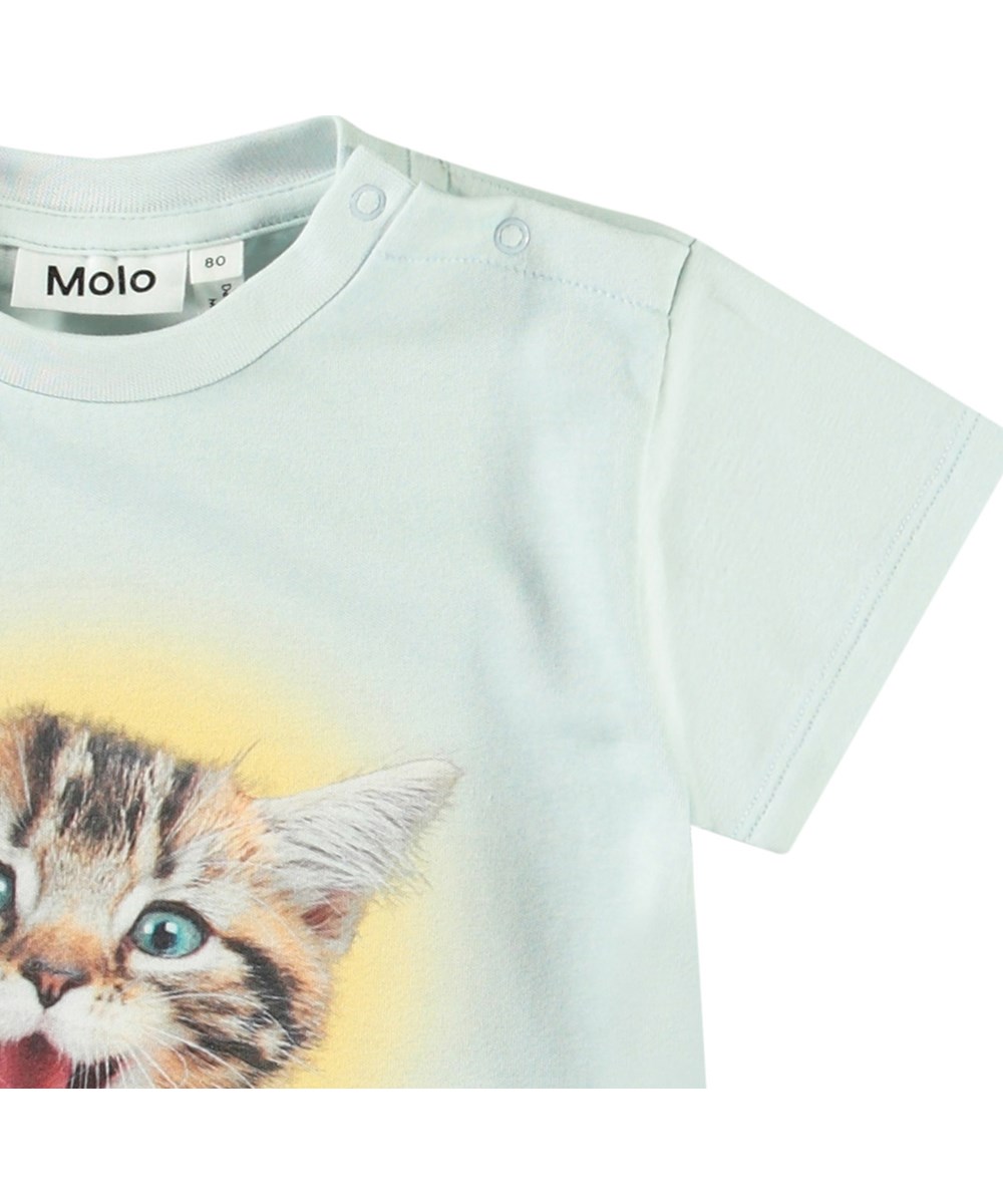 Enzo - A-Meow-Sing - Classic t-shirt in organic cotton for baby. The t-shirt is light blue with a print of a happy kitten.