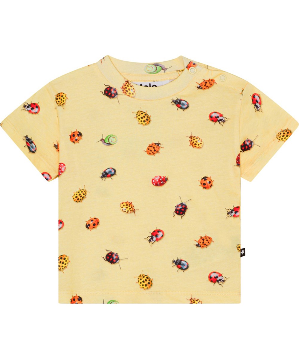 Enzo - Coccinella - Yellow t-shirt for small children in organic cotton with a print of cars, snails and ladybugs
