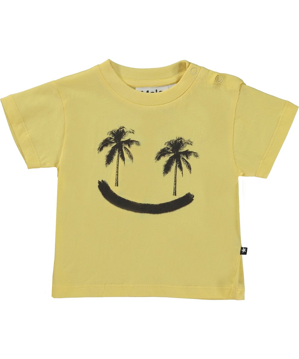 Enzo - Popcorn - Yellow baby t-shirt with a palm tree smiley face print