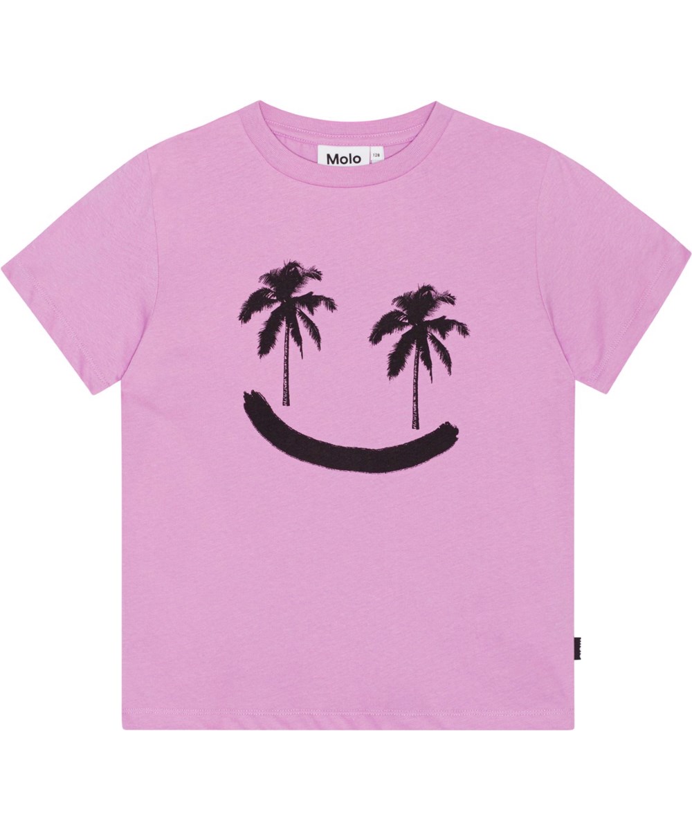 Rame - Helio - Purple t-shirt in soft organic cotton with a print of a smiling face with palm tree eyes 