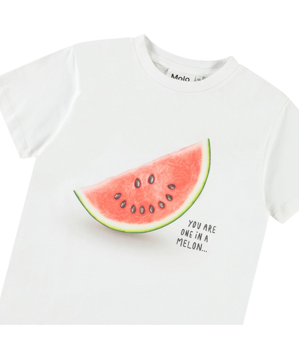 Rame - One In A Melon - White t-shirt with print for children in soft organic cotton with ribbed neckline.