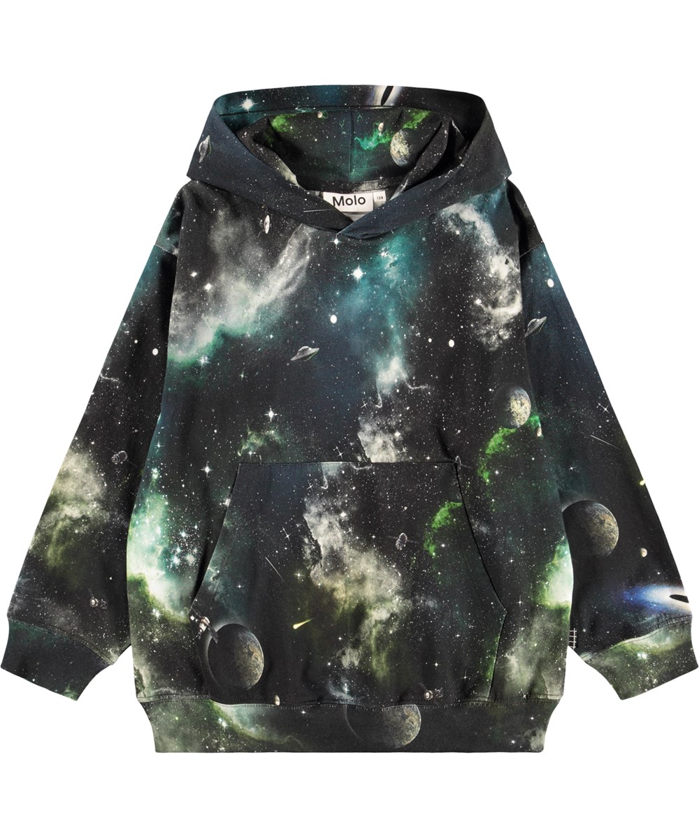 Ratata - Deep Space - Black hoodie for children with a space print made of organic cotton.