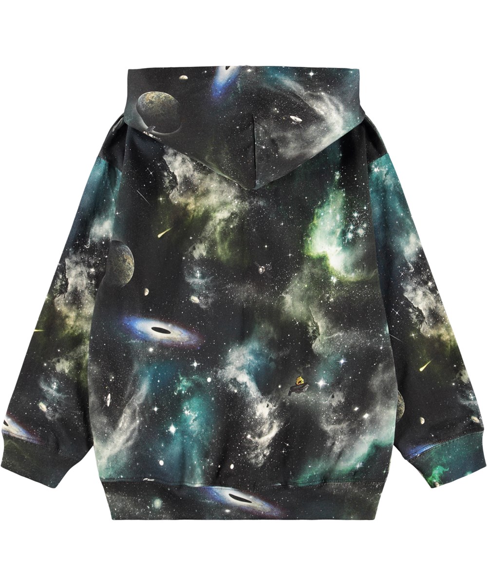 Ratata - Deep Space - Black hoodie for children with a space print made of organic cotton.