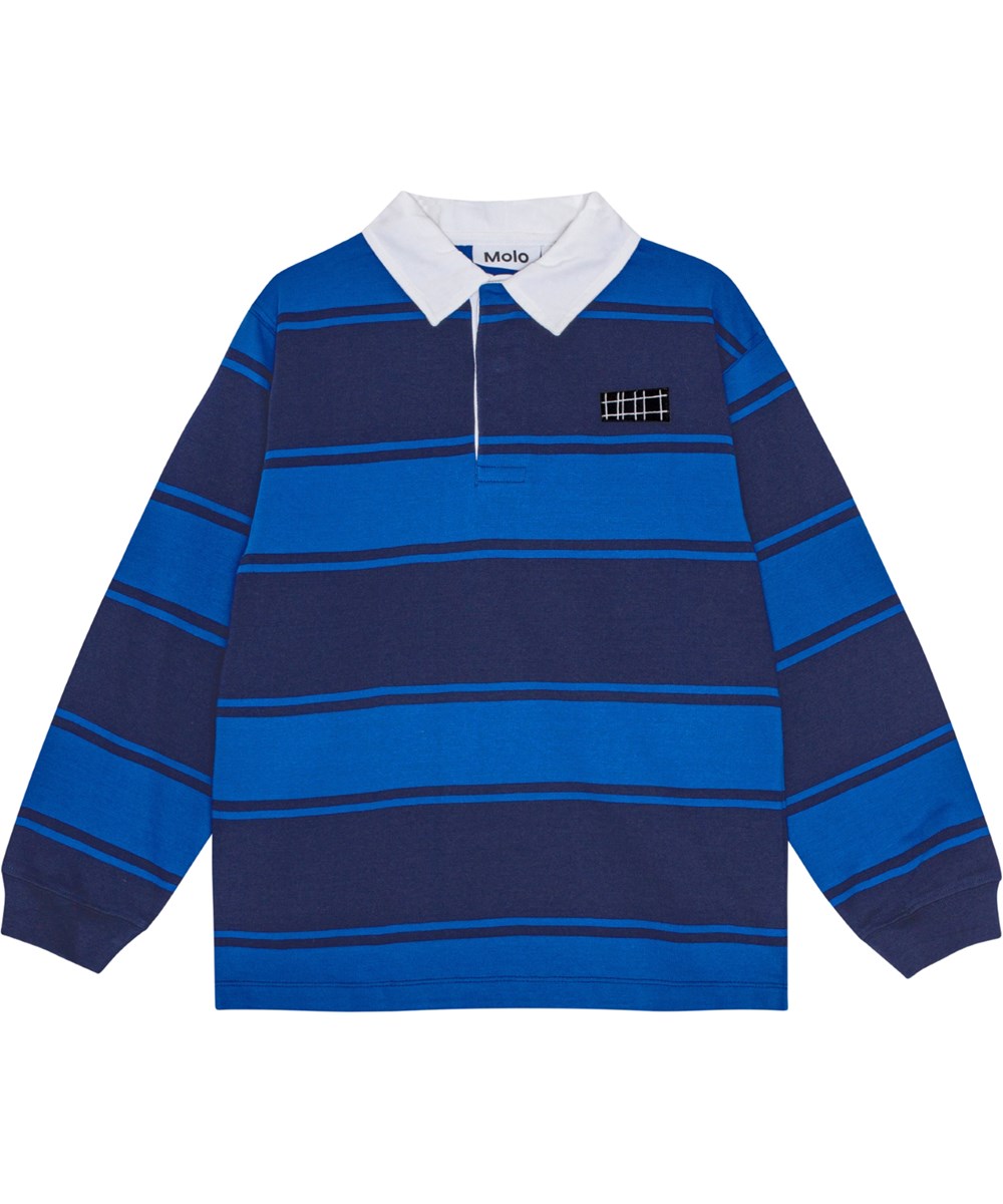 Relz - Ocean Blue - Blue wide-striped polo shirt in organic cotton with logo.