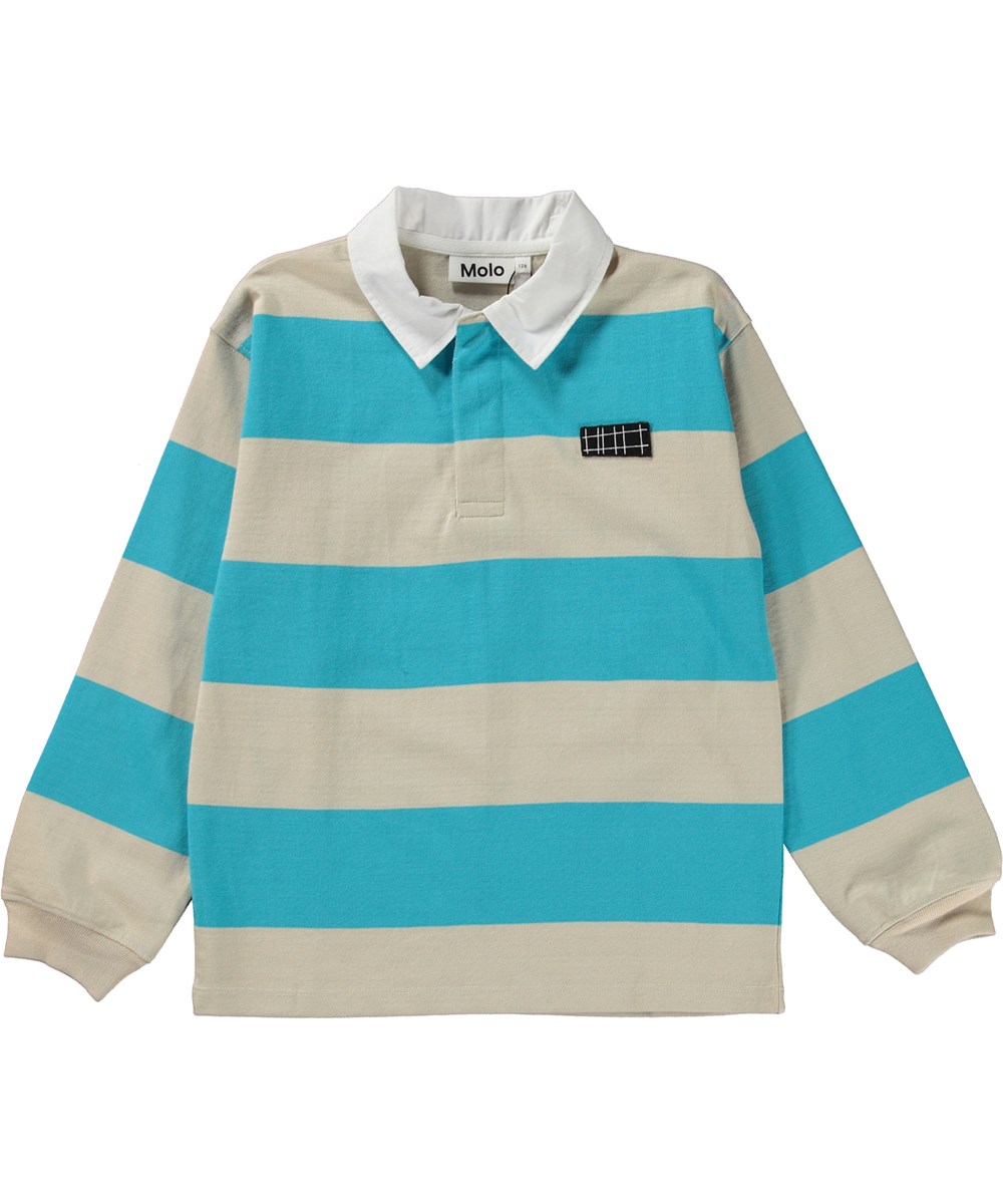 Relz - Turquoise Sand - Taupe and turquoise, wide stripe polo shirt in organic cotton