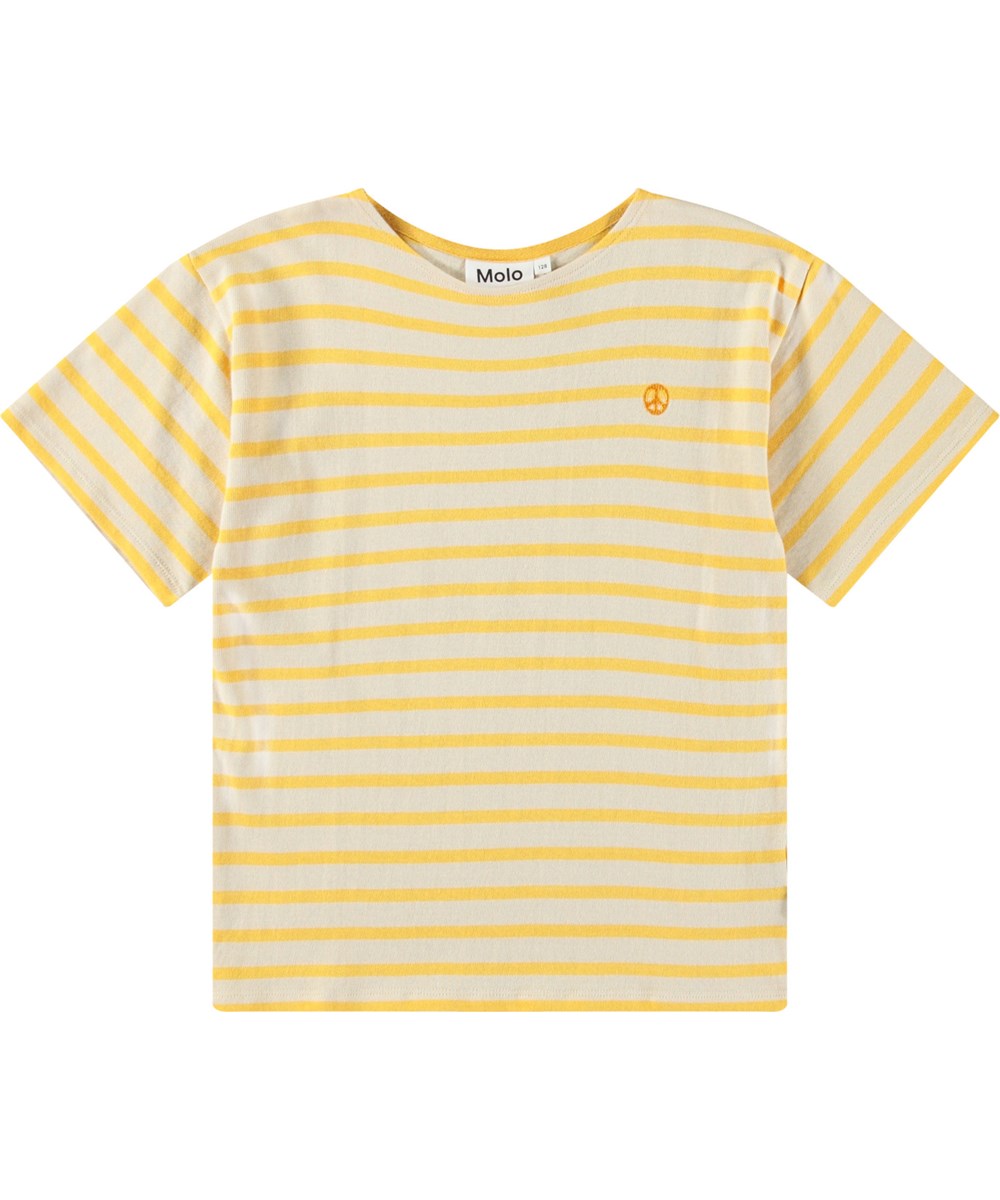 Rilee - Mimosa Stripe - Striped beige and yellow t-shirt for children in soft organic cotton with short sleeves and inner neck tape.