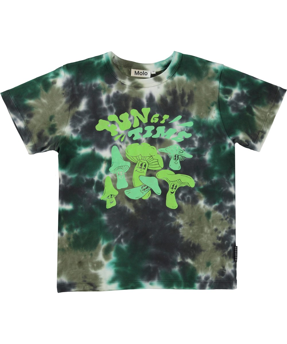 Riley - Dark Dyes - Green organic t-shirt with tie-dye and mushroom print