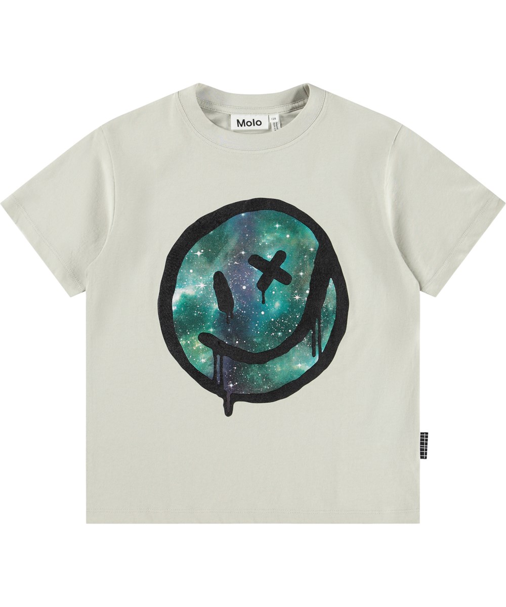 Riley - Drippy Moon - Off-white T-shirt for children made of soft organic cotton with short sleeves and a ribbed neckline.