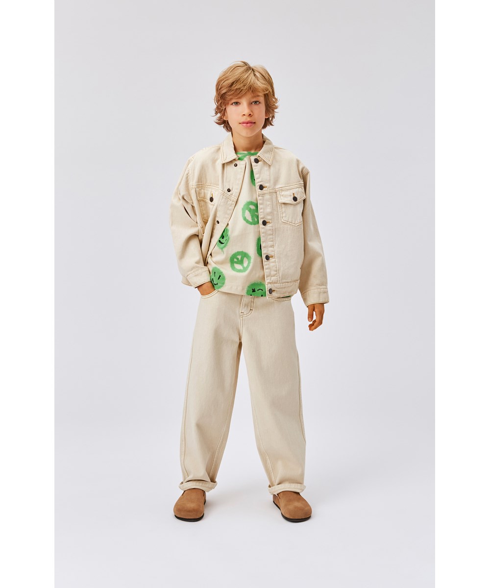 Riley - Easy Peacy - Beige t-shirt with green peace and smiley face print 