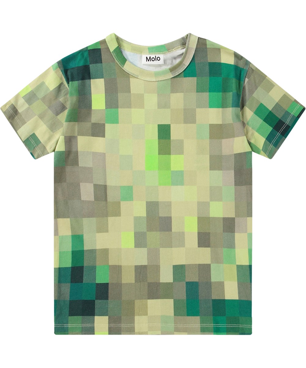 Riley - Green Pixels - Green T-shirt in organic cotton with all-over pixel print.