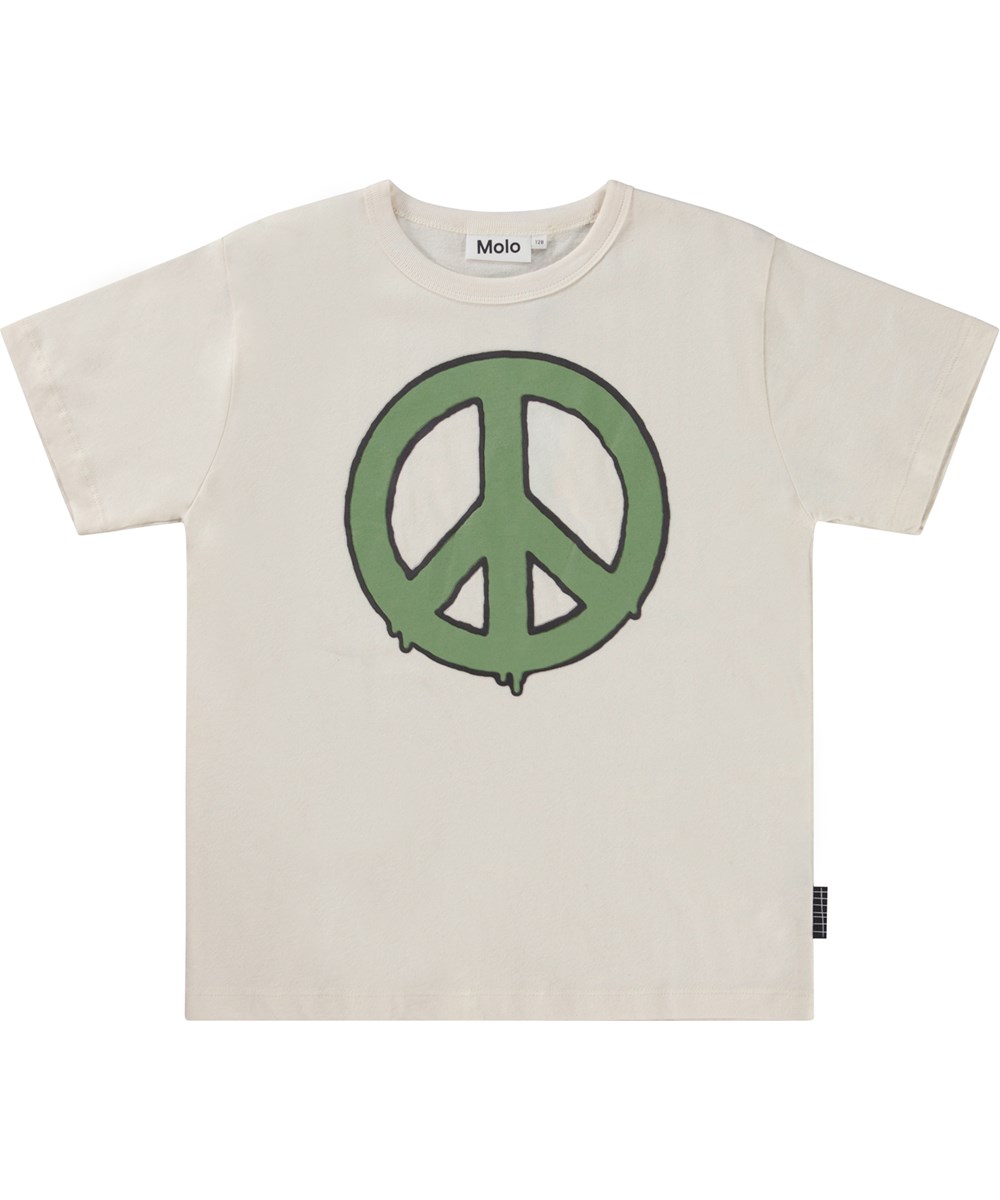 Riley - Peaceful - White organic t-shirt with green peace sign