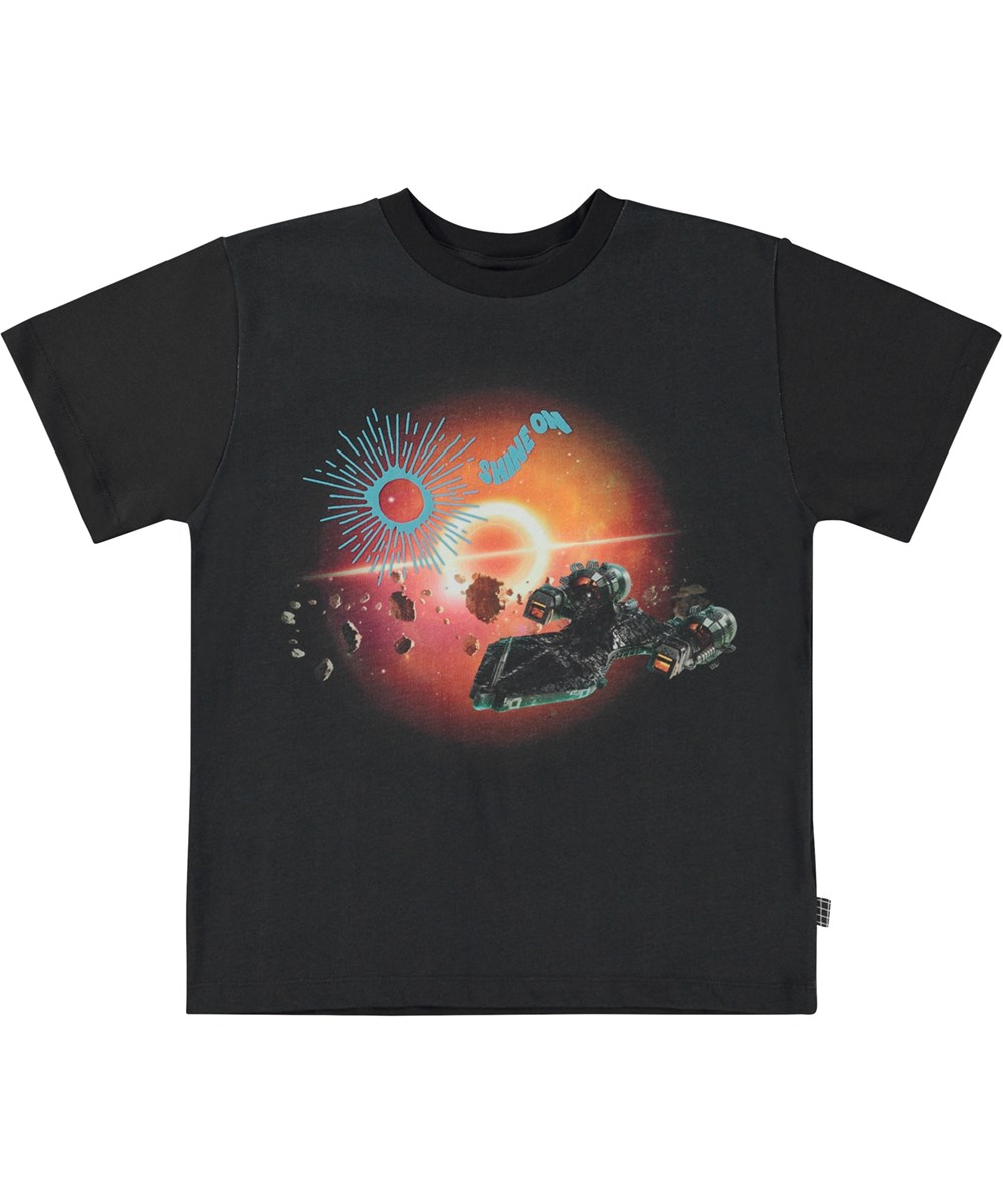 Riley - Warp Speed - Black organic t-shirt with retro space print