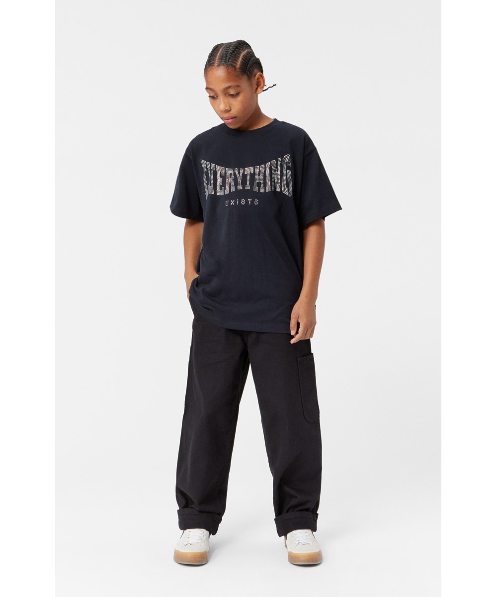 Rodney - Black - Black T-shirt with an "Everything Exists" rhinestone text print.