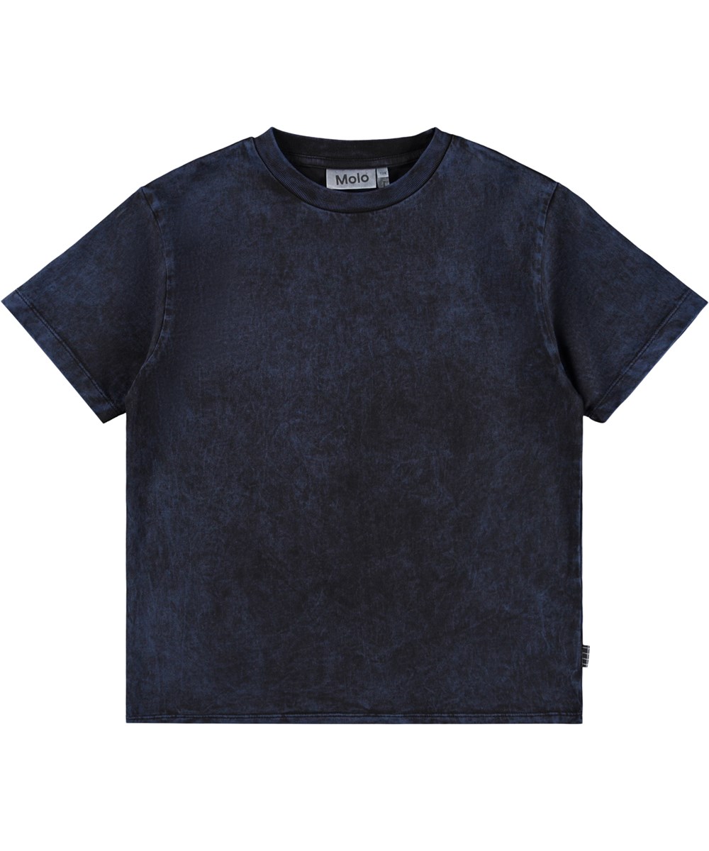 Rodney - Blue Overdye - Blue T-shirt for children made of soft organic cotton with short sleeves and a ribbed neckline.