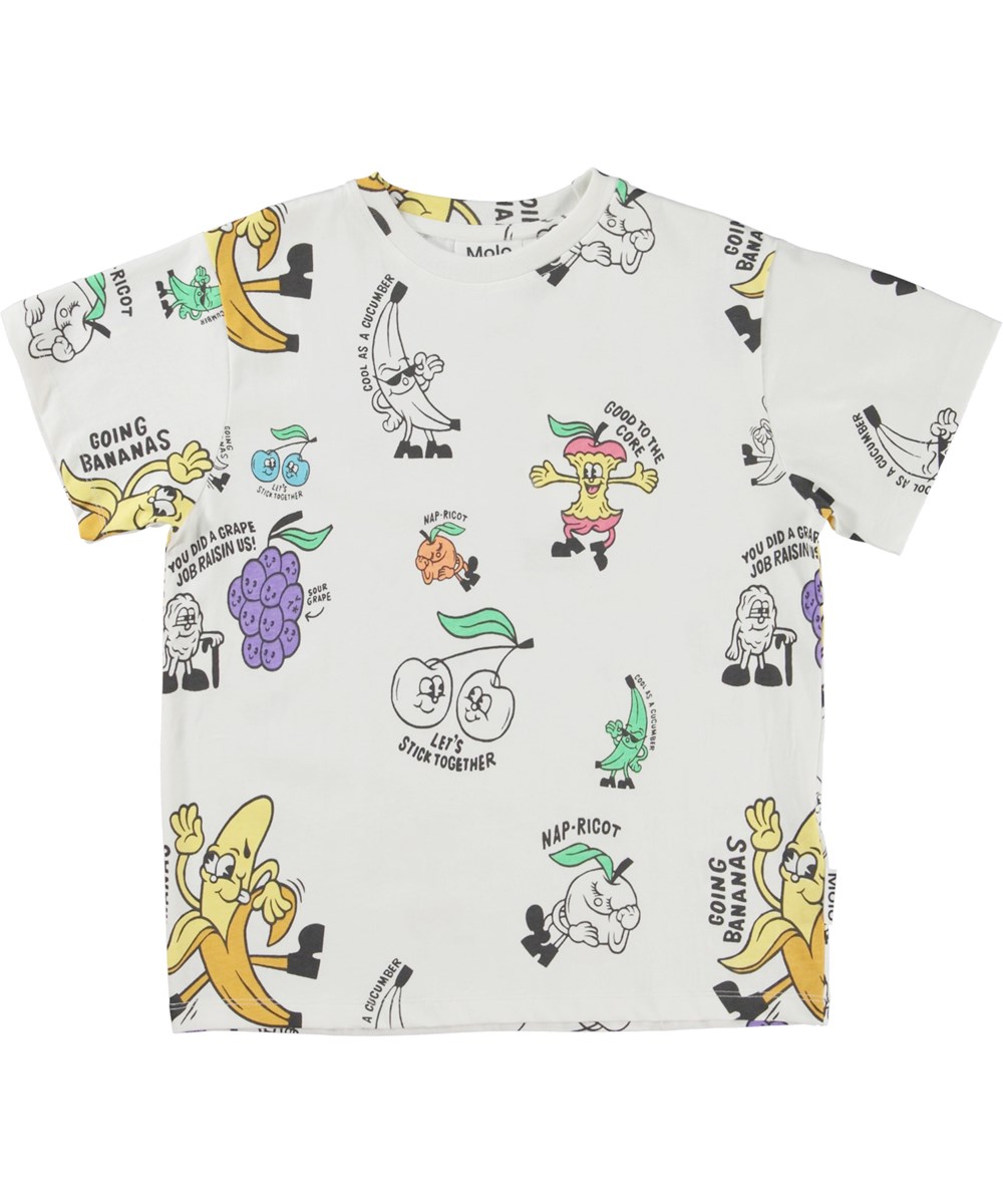 Rodney - Freshest Fruits - White t-shirt with a print of comical fruit drawings