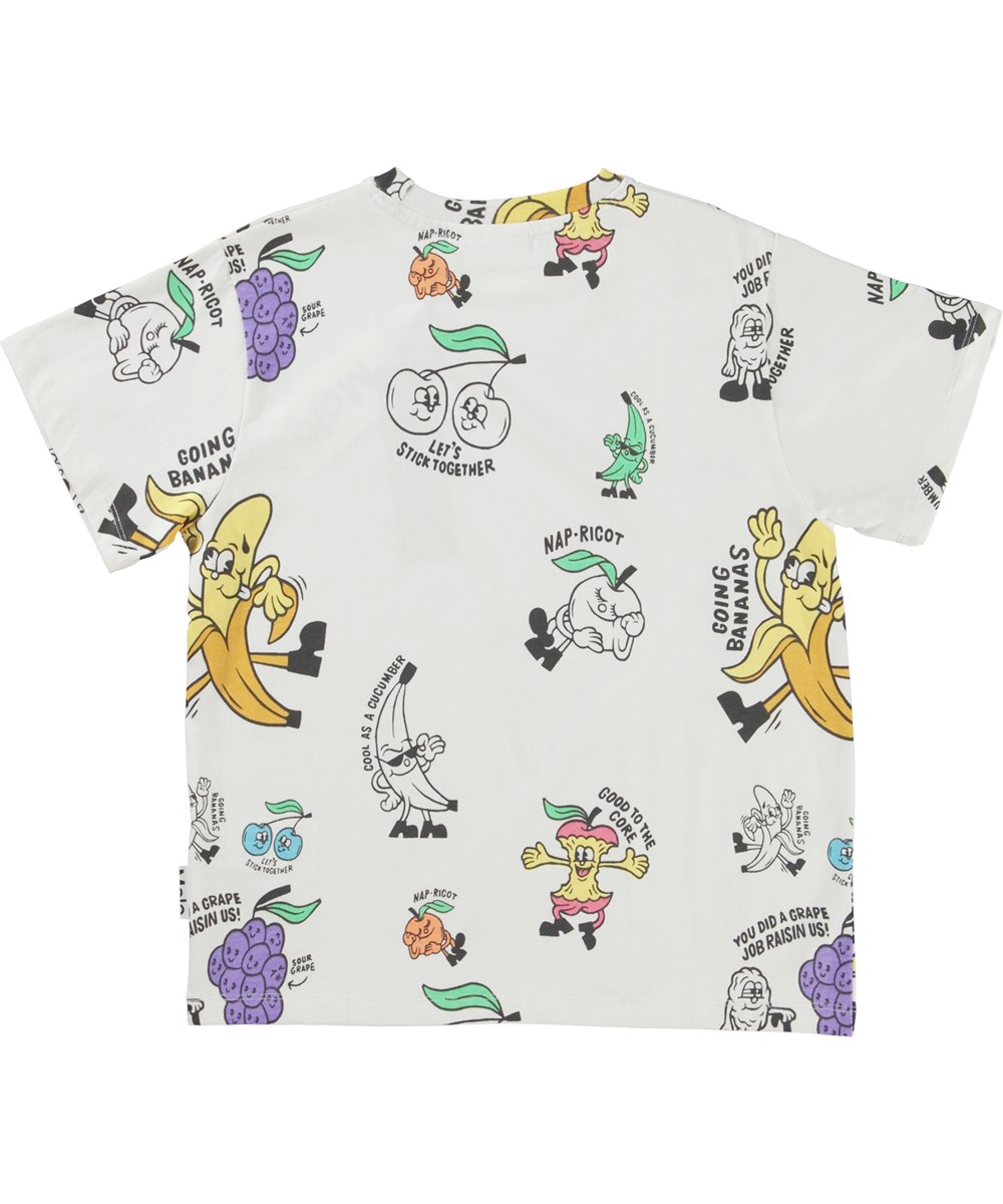 Rodney - Freshest Fruits - White t-shirt with a print of comical fruit drawings