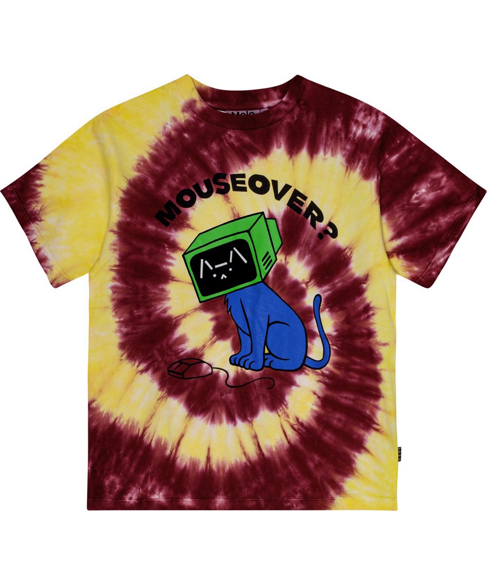 Rodney - Mouse Over - Yellow and bordeaux tie-dye T-shirt in organic cotton with computer cat print.