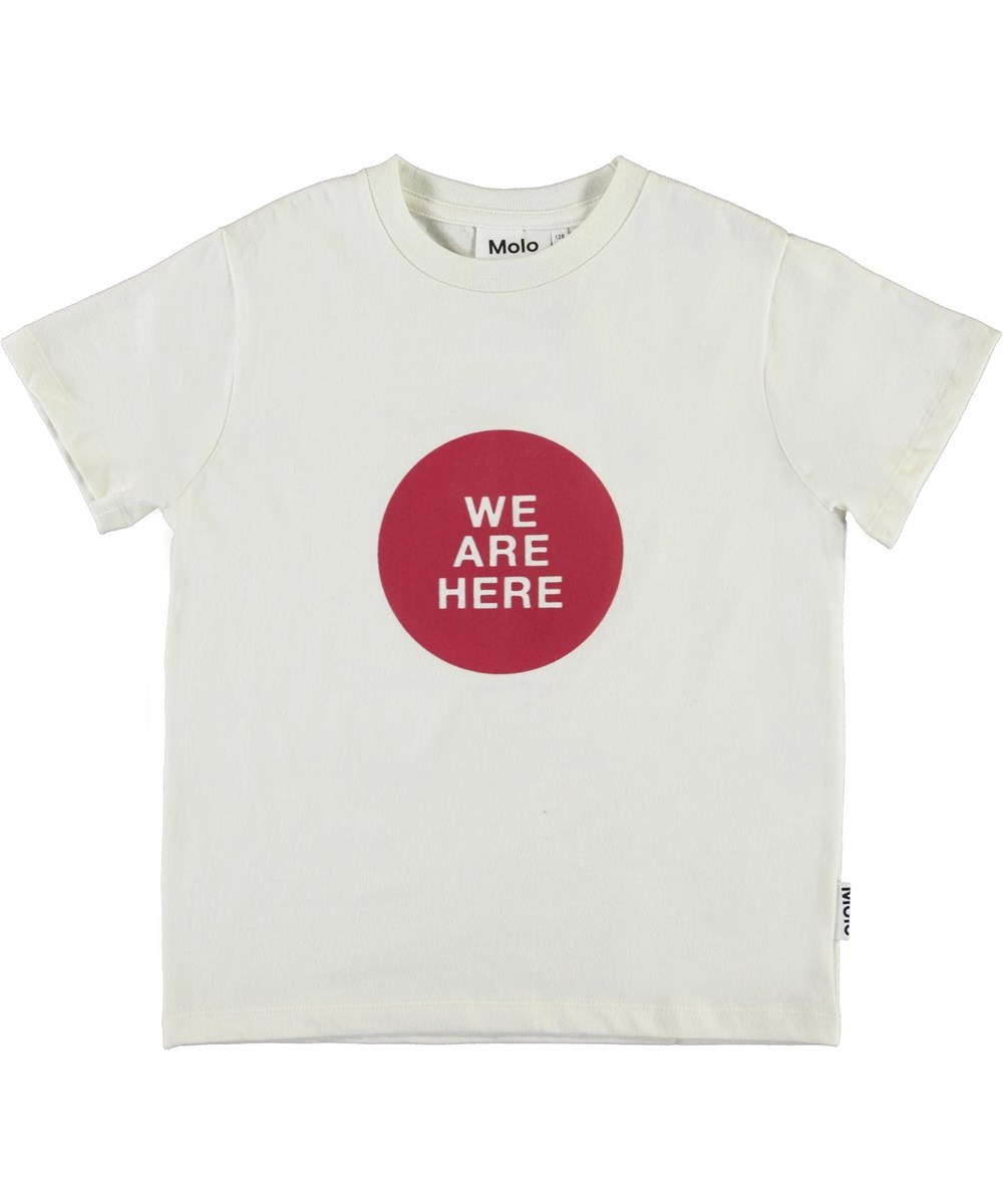 Roxo - White Star - White organic t-shirt with 'we are here'
