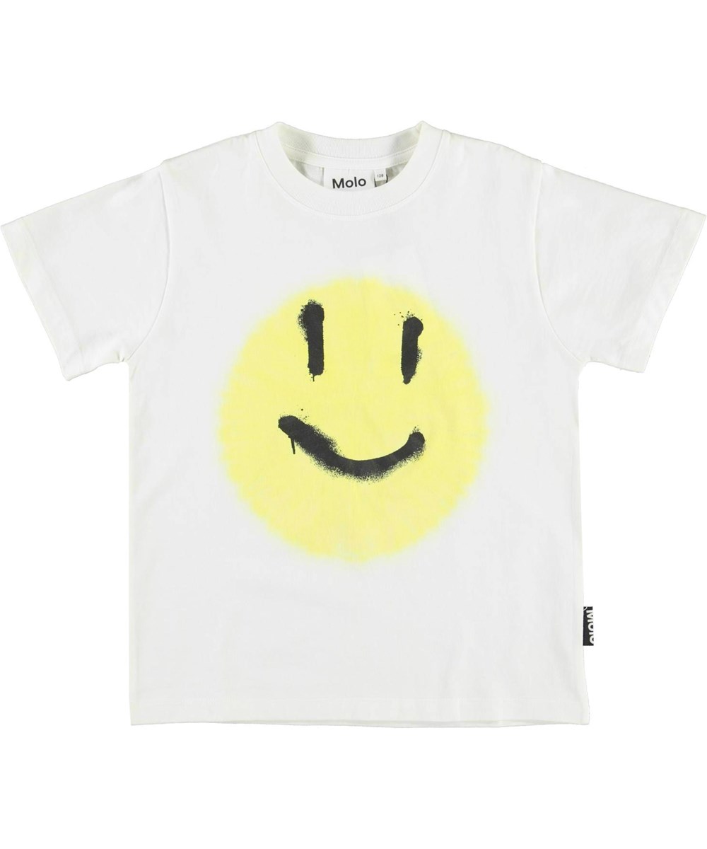 Roxo - Yellow Happy - Basic white t-shirt with spray paint smiley face