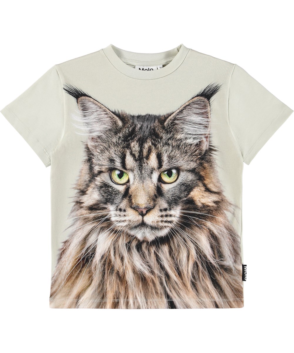 Roxo - Cat - Beige T-shirt for children made of soft organic cotton with short sleeves and a ribbed neckline.