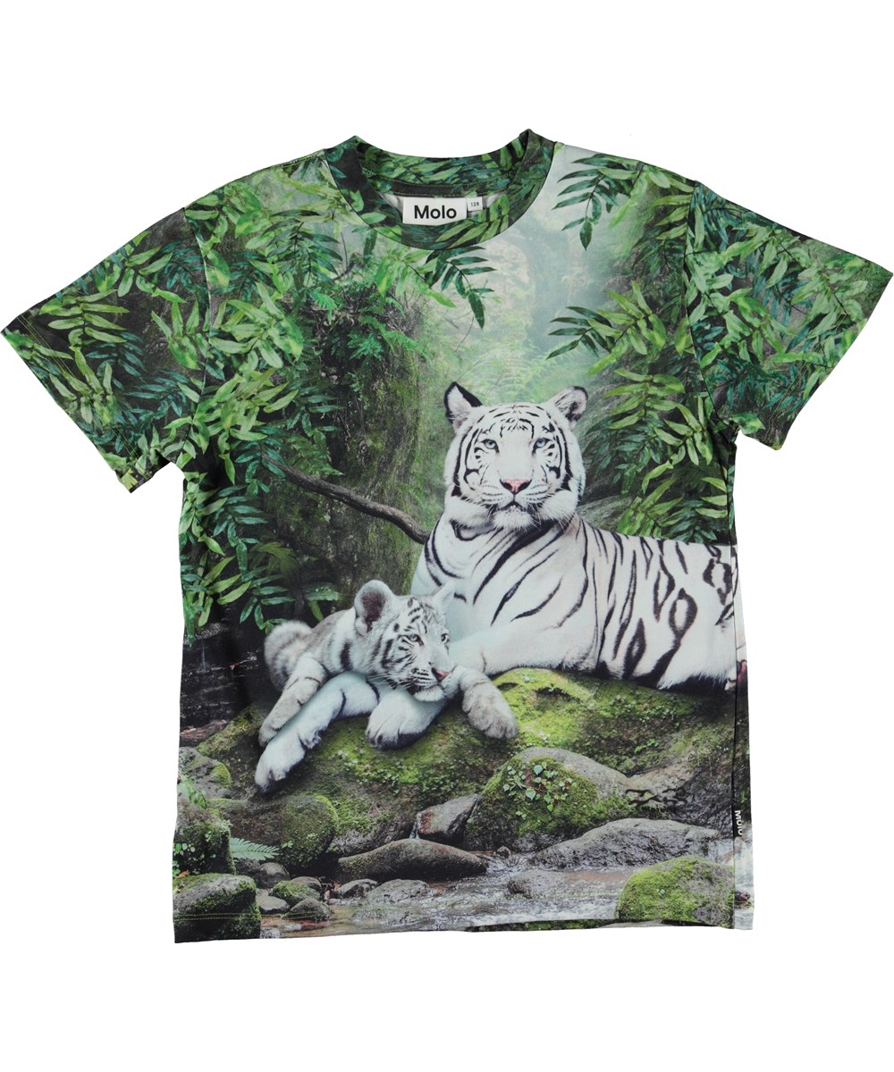 Roxo - Summer Tiger - Short sleeve organic t-shirt with a print of tigers in a jungle
