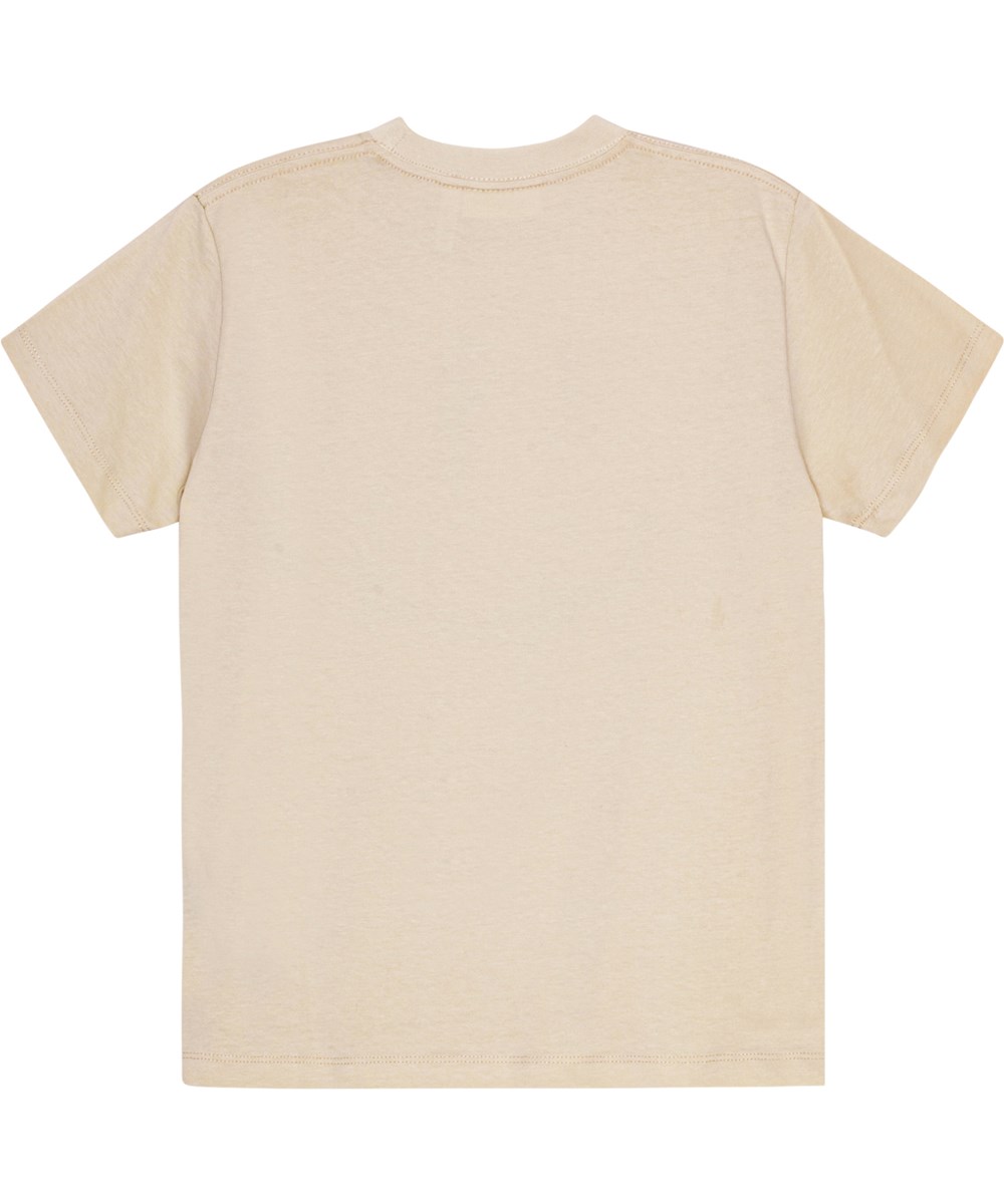 Roxo - White Noise - Molo x Plan International beige T-shirt in organic cotton with a large smile printed on the front.