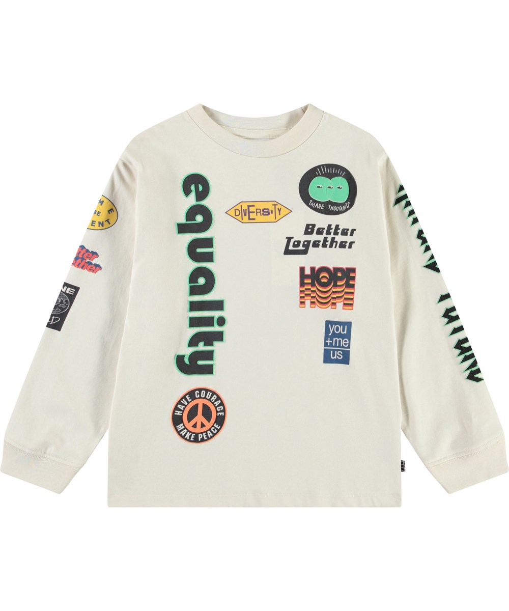 Rube - Messages Colour - Off-white long-sleeved top for children in organic cotton with ribbed trim on the neckline and sleeves.