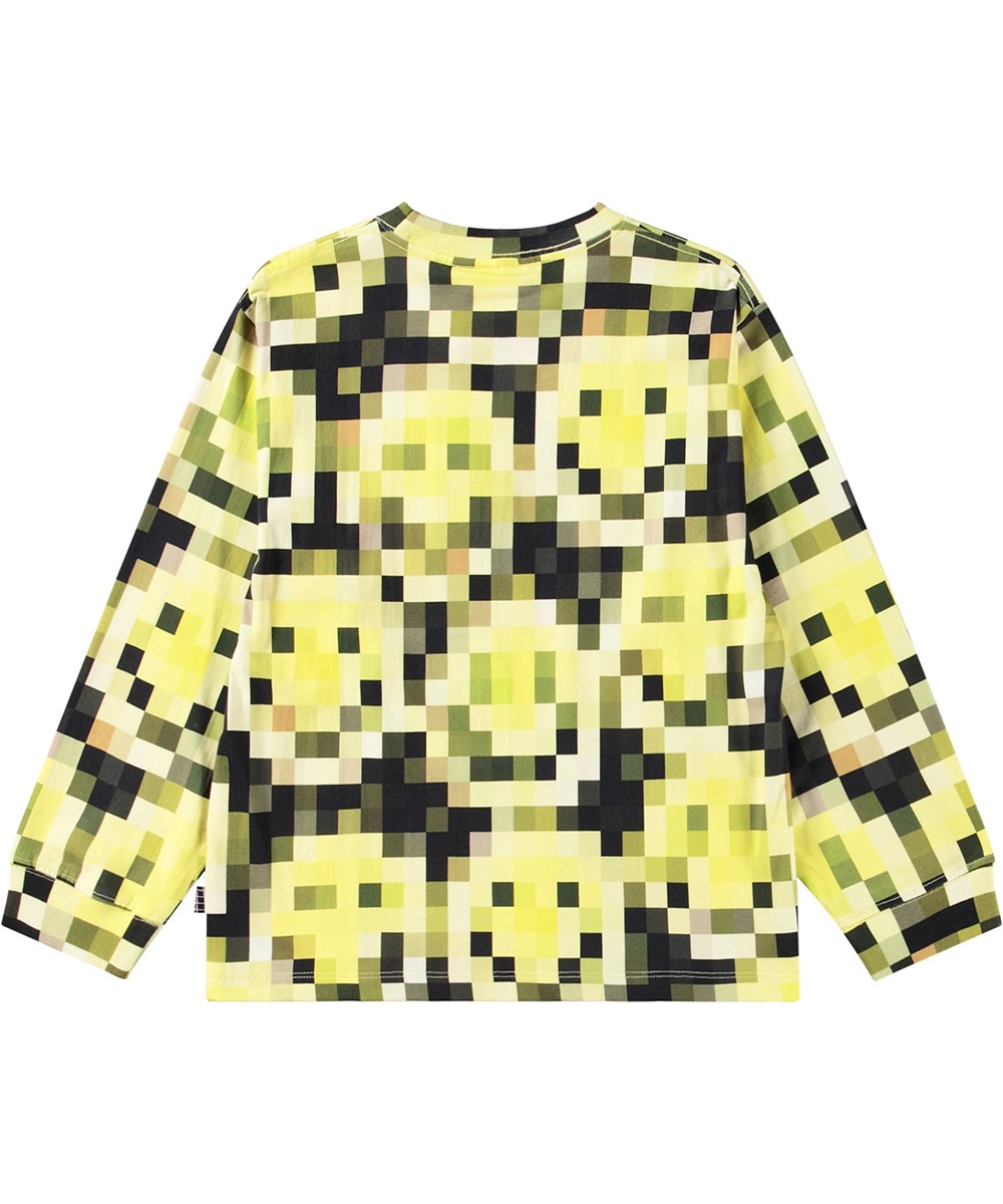 Rube - Pixelated Smiles - Loose-fitting black and yellow top in organic cotton with smiling pixelated face print.