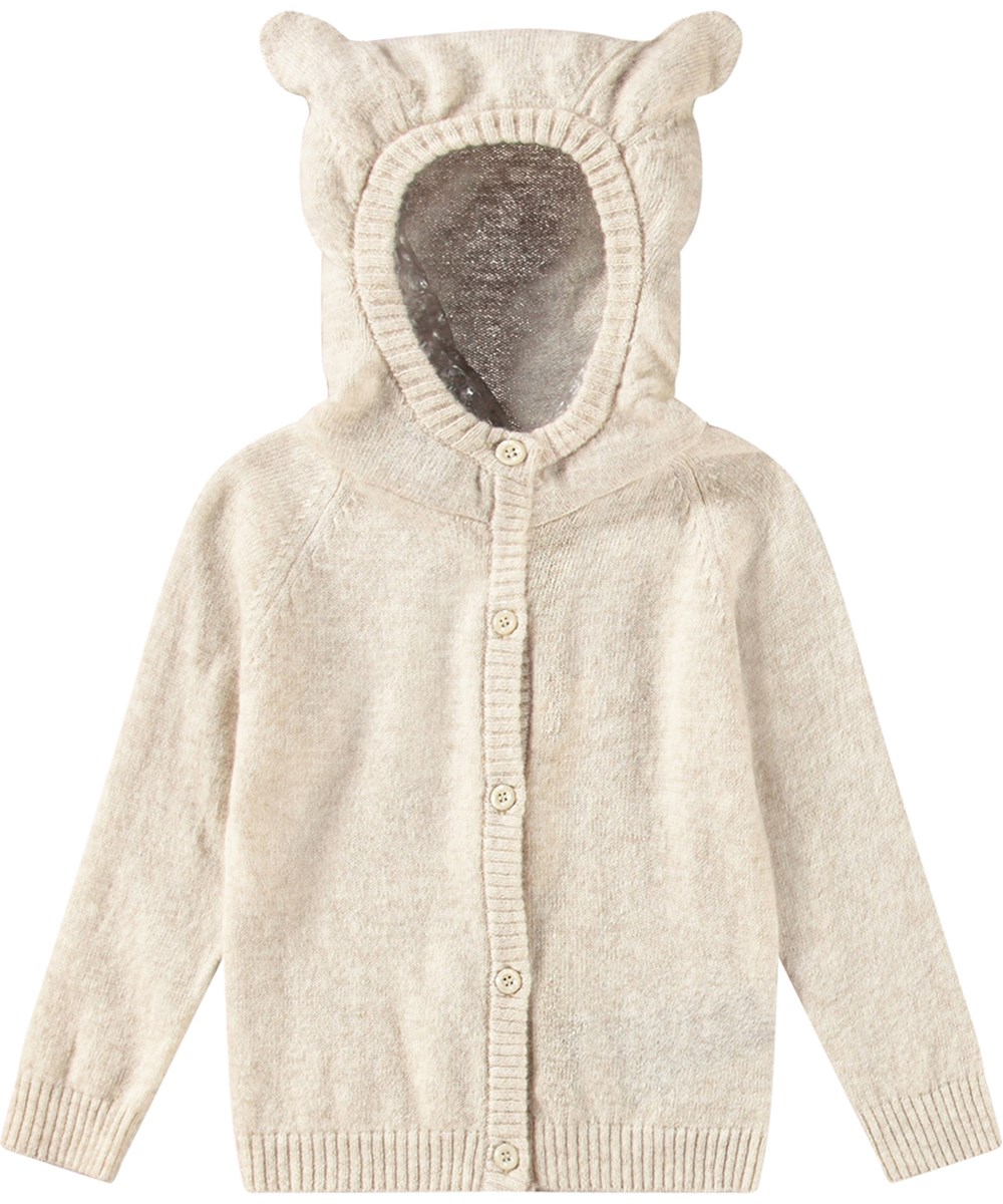 Bash - Oatmeal Melange - Råhvid uld og cashmere babystriktrøje med hætte og bamseører