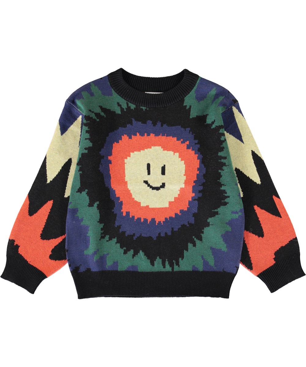 Bello - Happy Smile - farverig unisex strikbluse med smiley på fronten