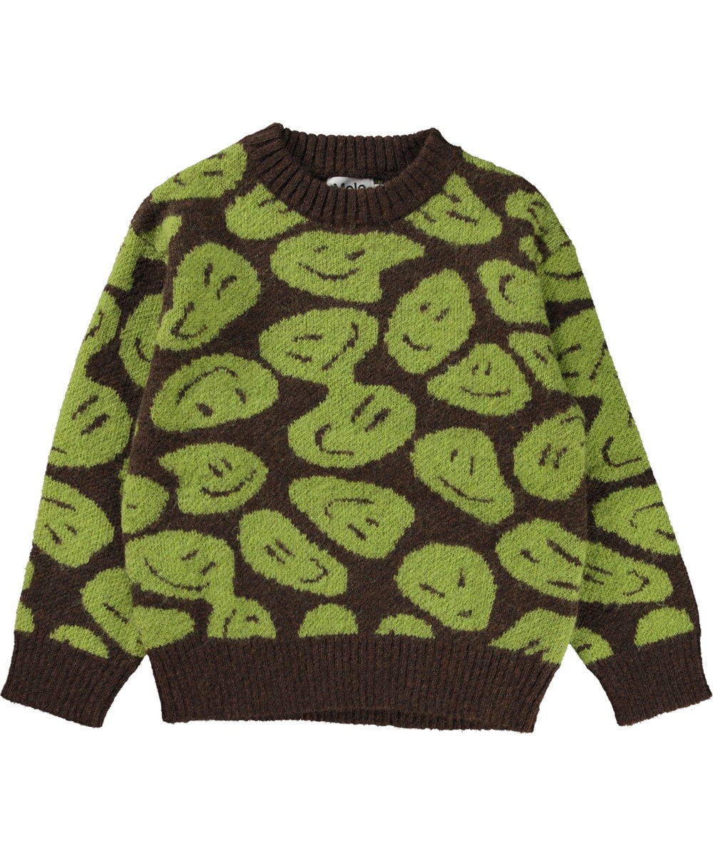 Bello - Smile On Moss - Brun striktrøje med grønt mønster i alpaca uld blanding