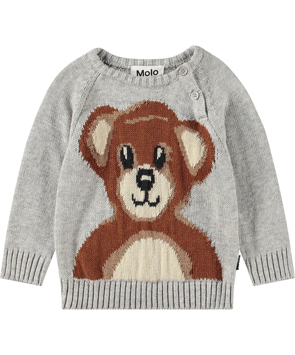 Bless - Teddy Bear Knit - Grå babystriktrøje med bamse på maven