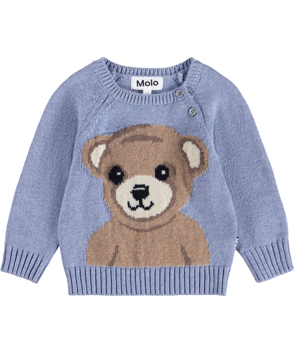 Bless - Toy Bear - Lyseblå striktrøje til de mindste i en blød bomuld og uld blandning med en brun bamse på fronten.