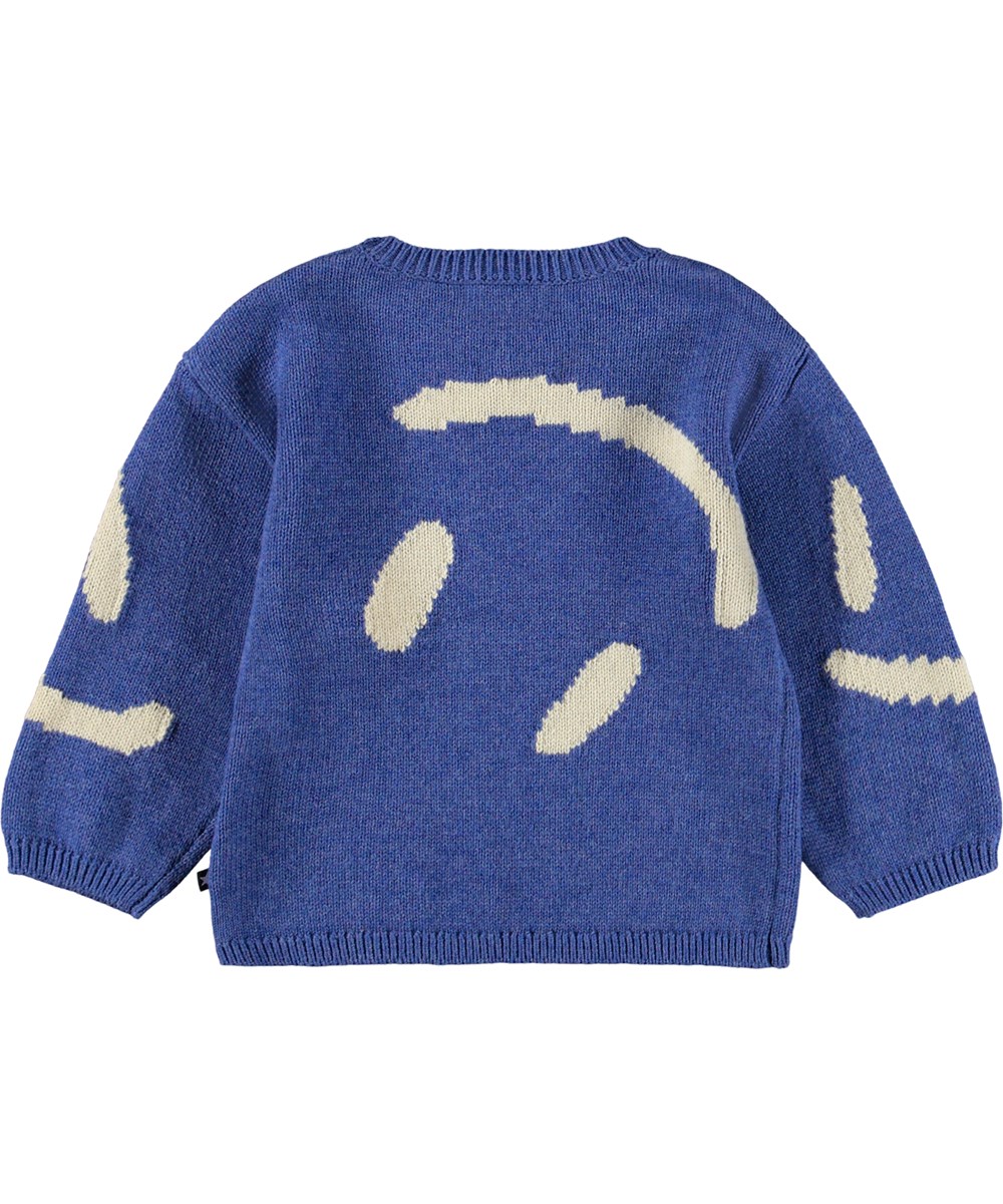 Brad - Evening Marl - Blå strik sweater til de mindste i en blød bomuld og uld blandning med hvide smilende ansigter.