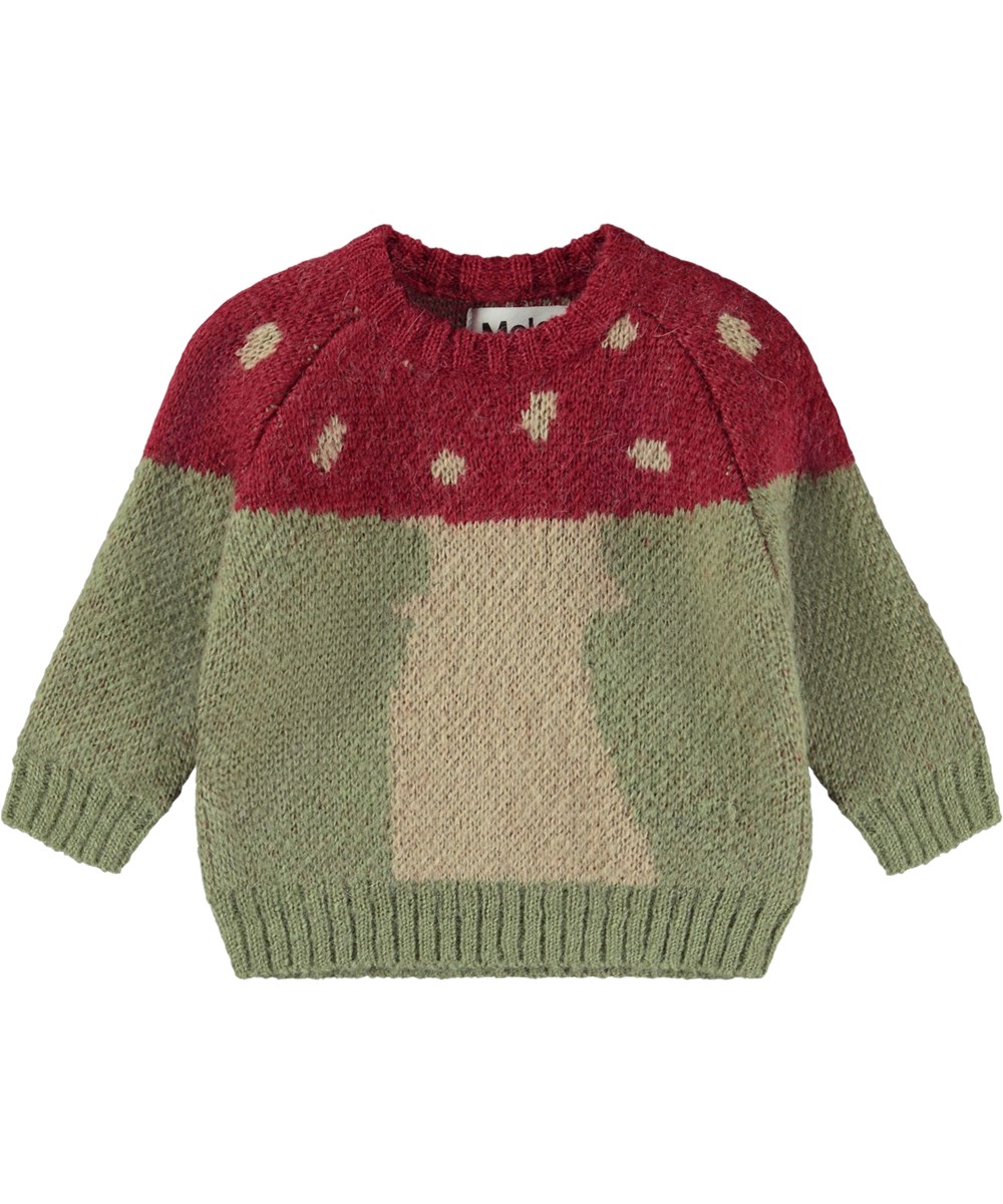 Breen - Mushroom - Grøn og rød baby striktrøje med svampe motiv i alpaca uld