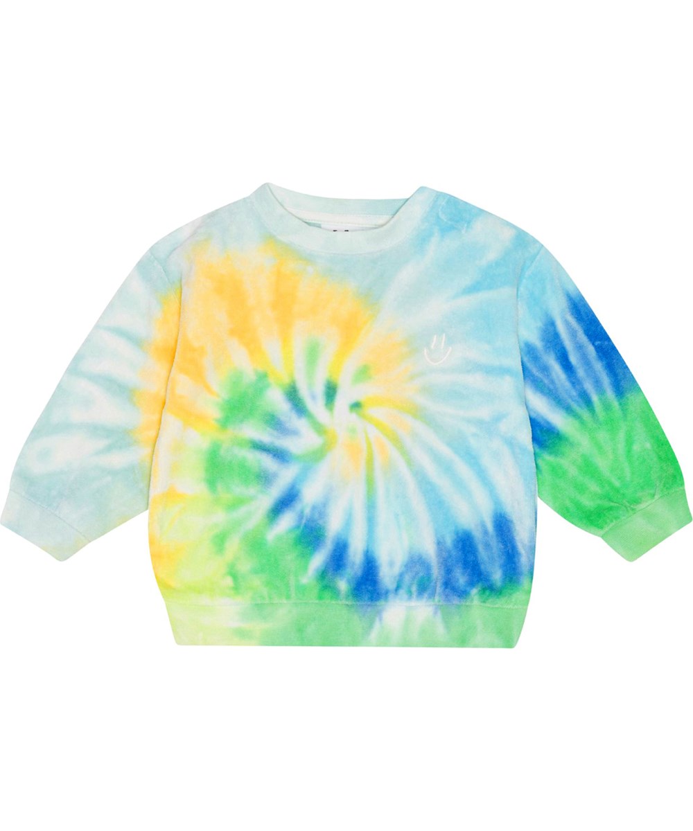 Dear - Tie Dye Melody - Grøn, gul og blå tie-dye sweater til de mindste i økologisk bomuldsvelour