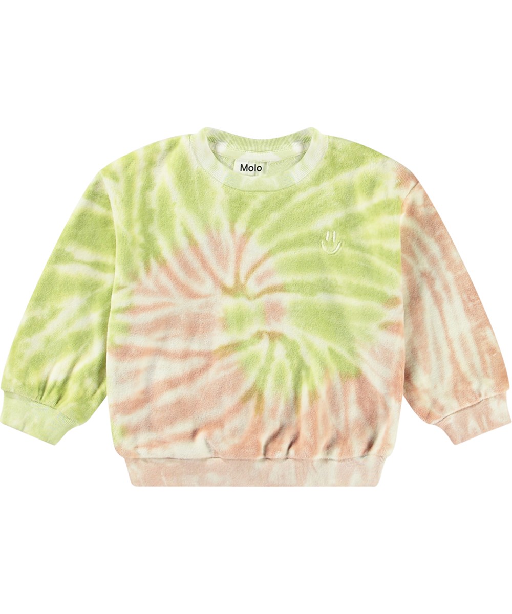 Dear - Tie Dye Play - Grøn og lyserød økologisk tie-dye babysweatshirt