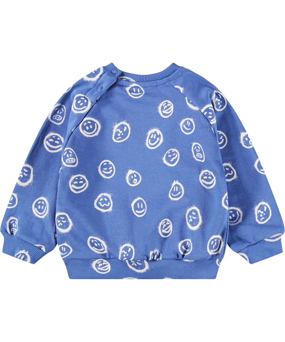 Disc - Blue Moods - Blå sweatshirt til de mindste i blødt økologisk bomuld med et med print af ansigter i forskelligt humør.