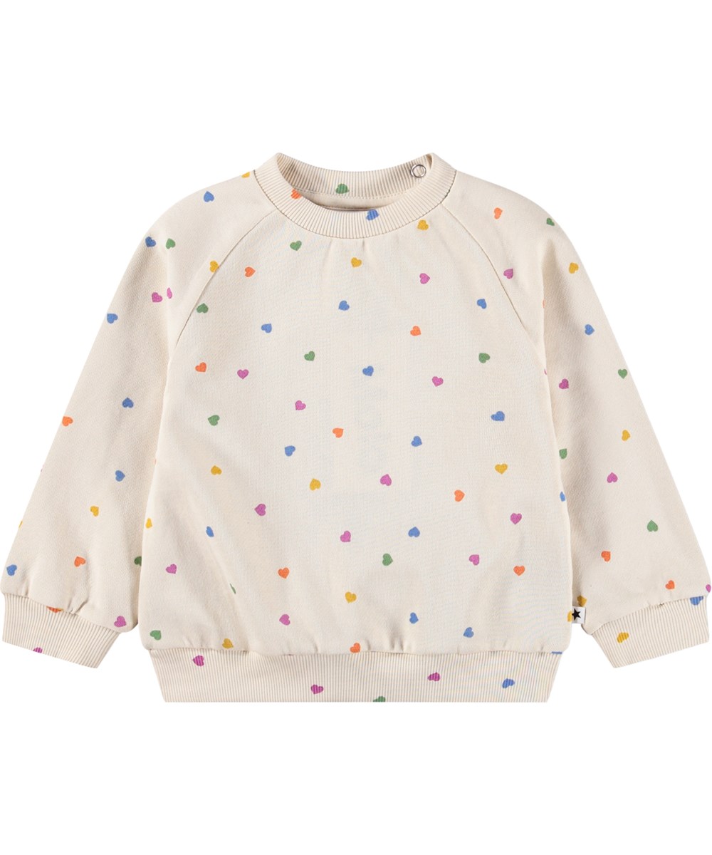 Disc - Confetti_Rainbow - Blød, hvid sweatshirt med hjerteprint i økologisk bomuld til baby 
