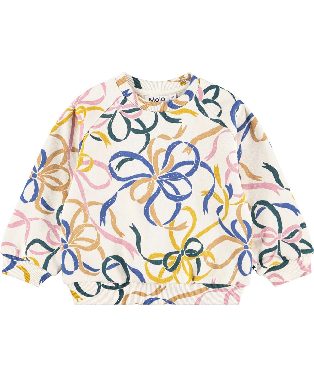 Disc - Festivity Bows - Råhvid sweatshirt til de mindste i blødt økologisk bomuld med et med farverigt print med print af farverige bånd.