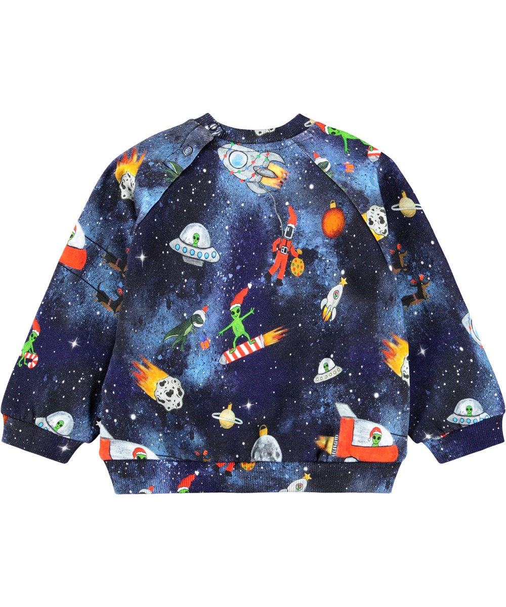Disc - Holiday Space - Mørkeblå sweatshirt til de mindste i blødt økologisk bomuld med et med print af livet i rummet.