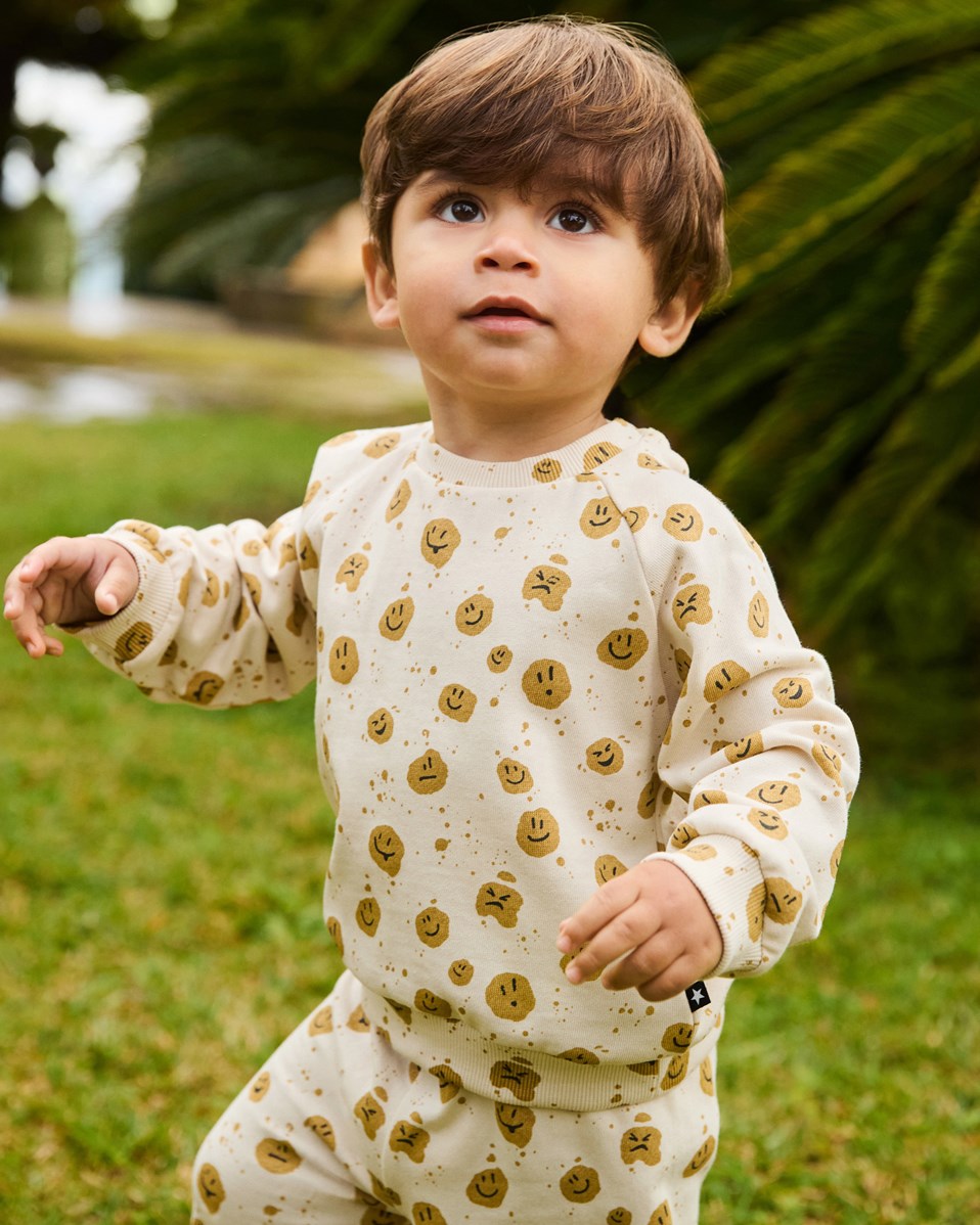 Disc - Mood Dots - Økologisk beige babysweatshirt med print af ansigter