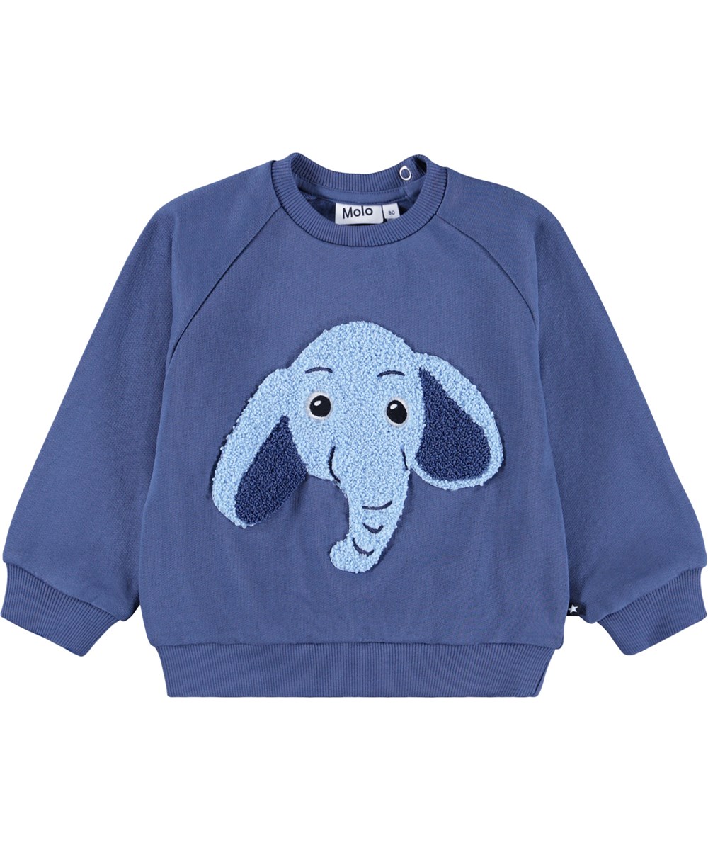 Disc - Toy Elephant - Blå sweatshirt til de mindste i blødt økologisk bomuld med et broderet elefant ansigt på fronten.